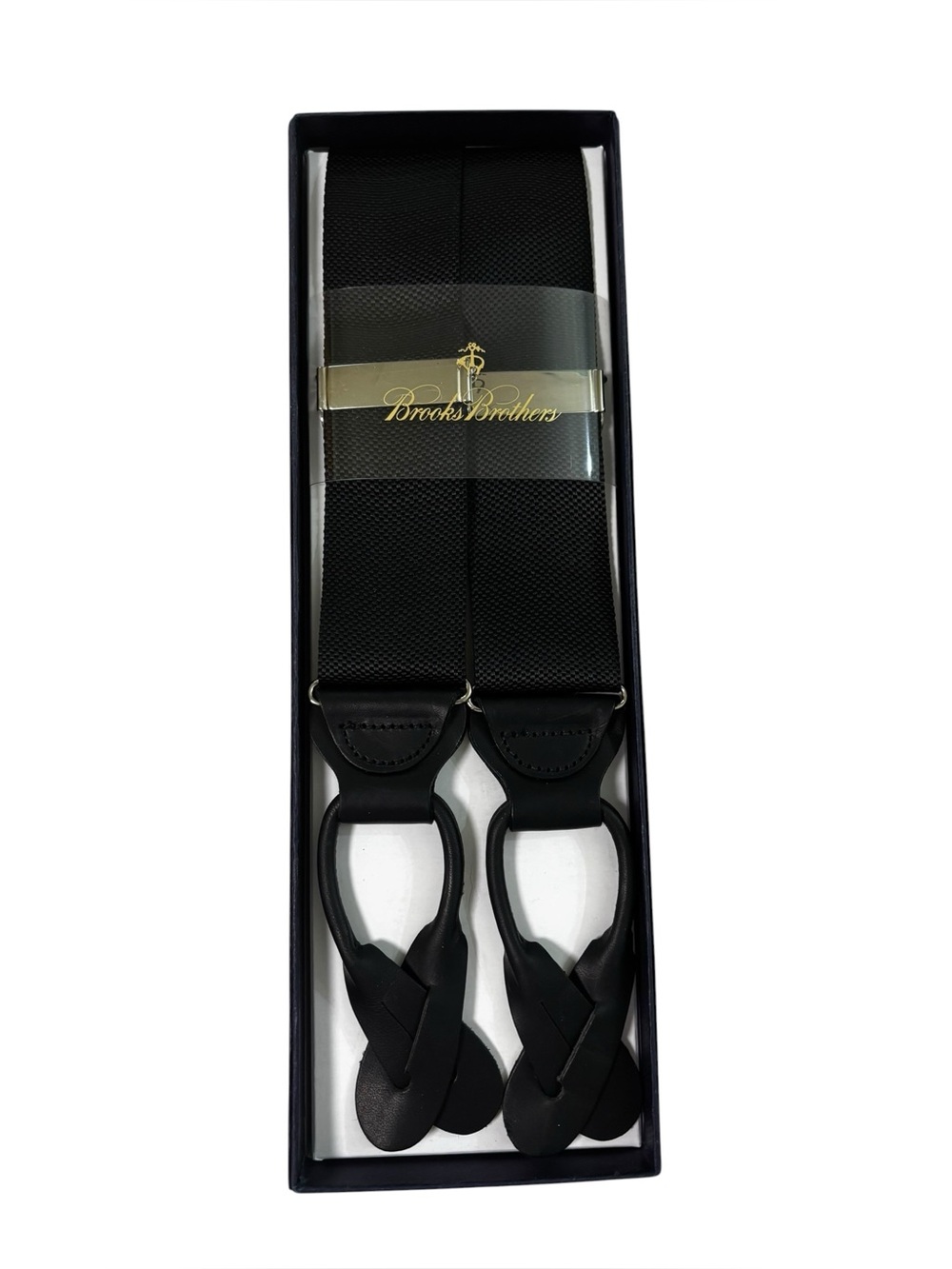 Brooks Brothers Black Suspenders Mens Nylon & Leather Button Ends One Size NEW